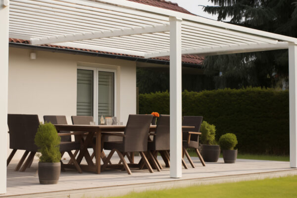 Taras w ogrodzie - altana, pergola. Nowoczesne meble ogrodowe - stolik i stołki wśród natury